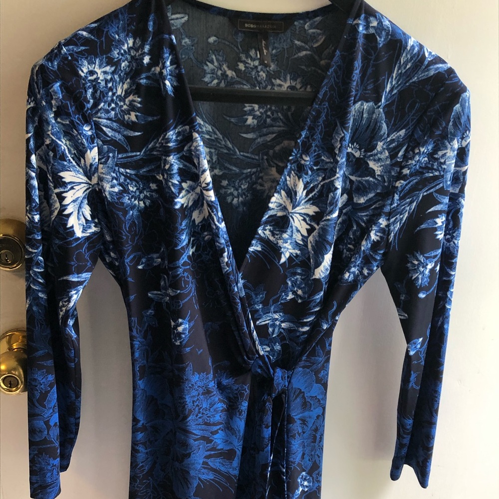 BCBG blue and white wrap dress